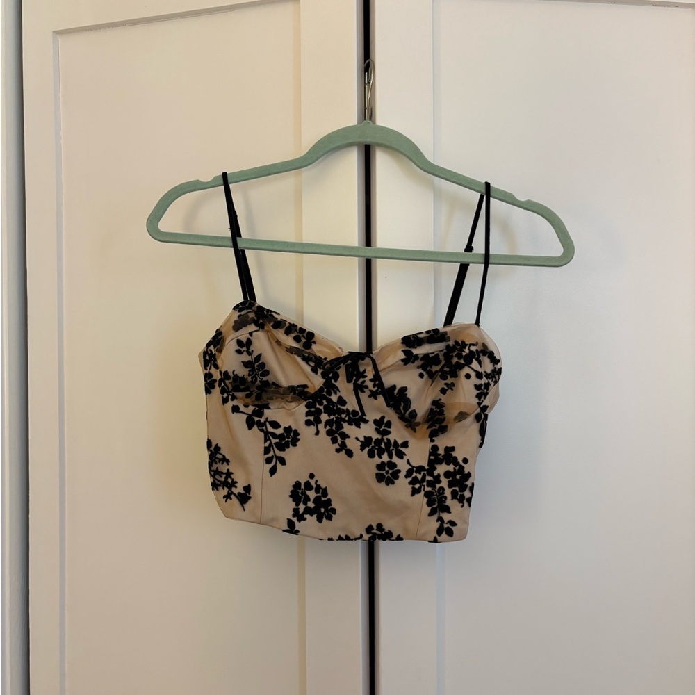 ZARA Black Flocked Floral Bustier Top on Nude